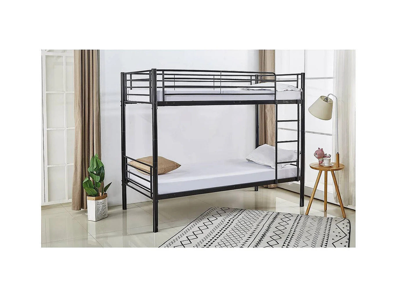 Stapelbed "ADAM" van zwart metaal voor kinderen - 2x1 plaats met ladder en veiligheidsbarrière