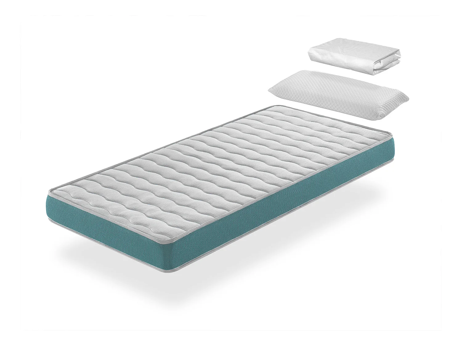 Pack Matelas 80X160 EKOZEN LIT ENFANT, Epaisseur 14 CM + 1 Oreiller à memoire 80X35 + 1 Protege matelas 80X160