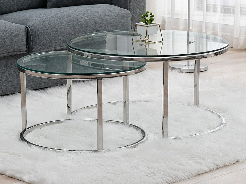 Couchtisch 2er-Set aus gehärtetem Glas & Edelstahl - Silberfarben - MAEVANE II von Pascal MORABITO