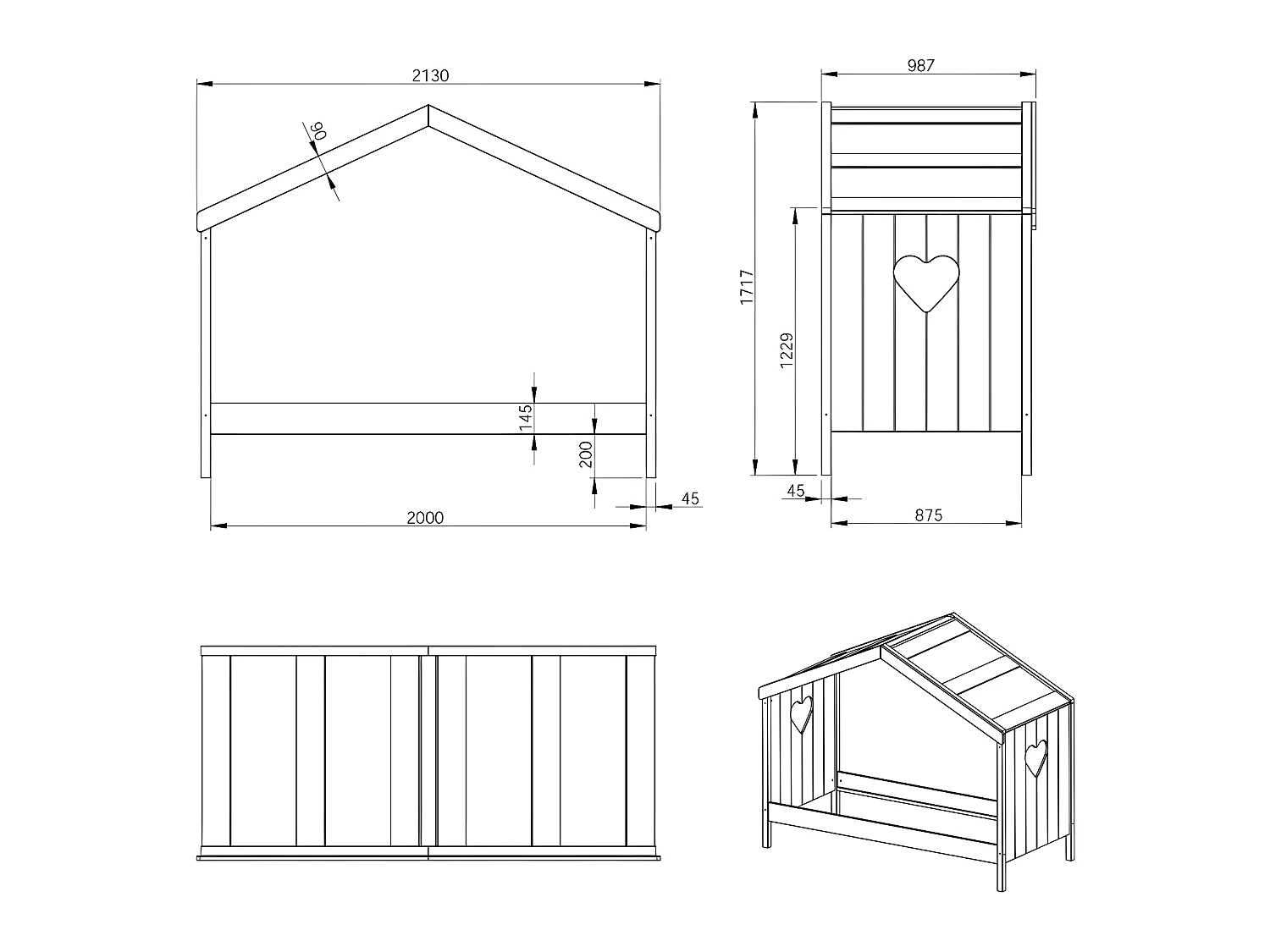 Lit cabane ouvert 90x200 sommier inclus Amori Blanc