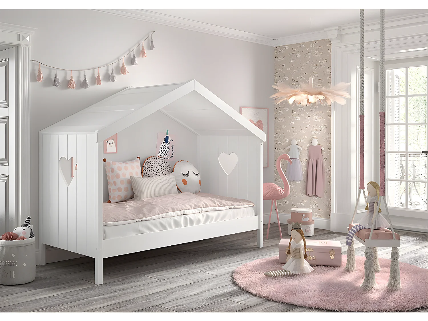 Lit cabane ouvert 90x200 sommier inclus Amori Blanc