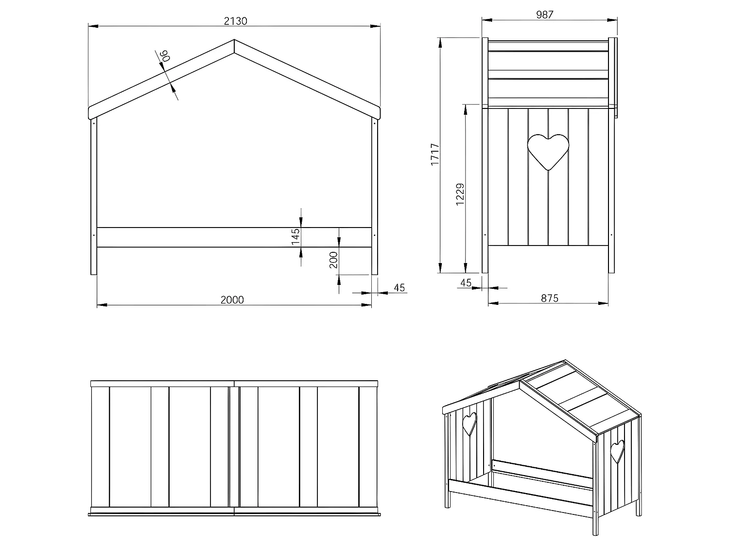 Lit cabane ouvert 90x200 sommier inclus Amori Blanc