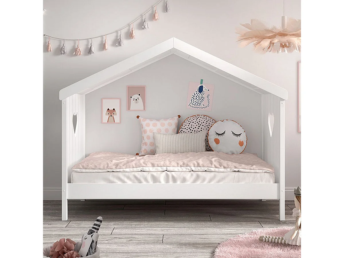 Lit Cabane Enfant Ouvert "Amori" 90x200cm Blanc
