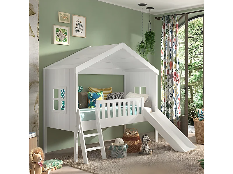 Lit Cabane & Toboggan Enfant "Housebed" 90x200cm Blanc