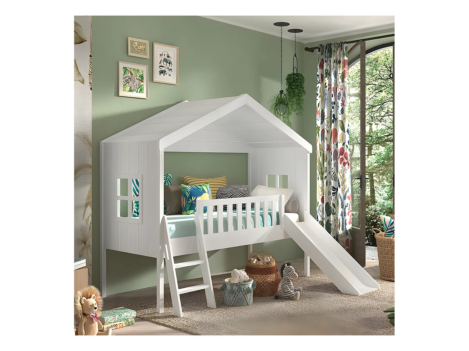 Lit Cabane & Toboggan Enfant "Housebed" 90x200cm Blanc