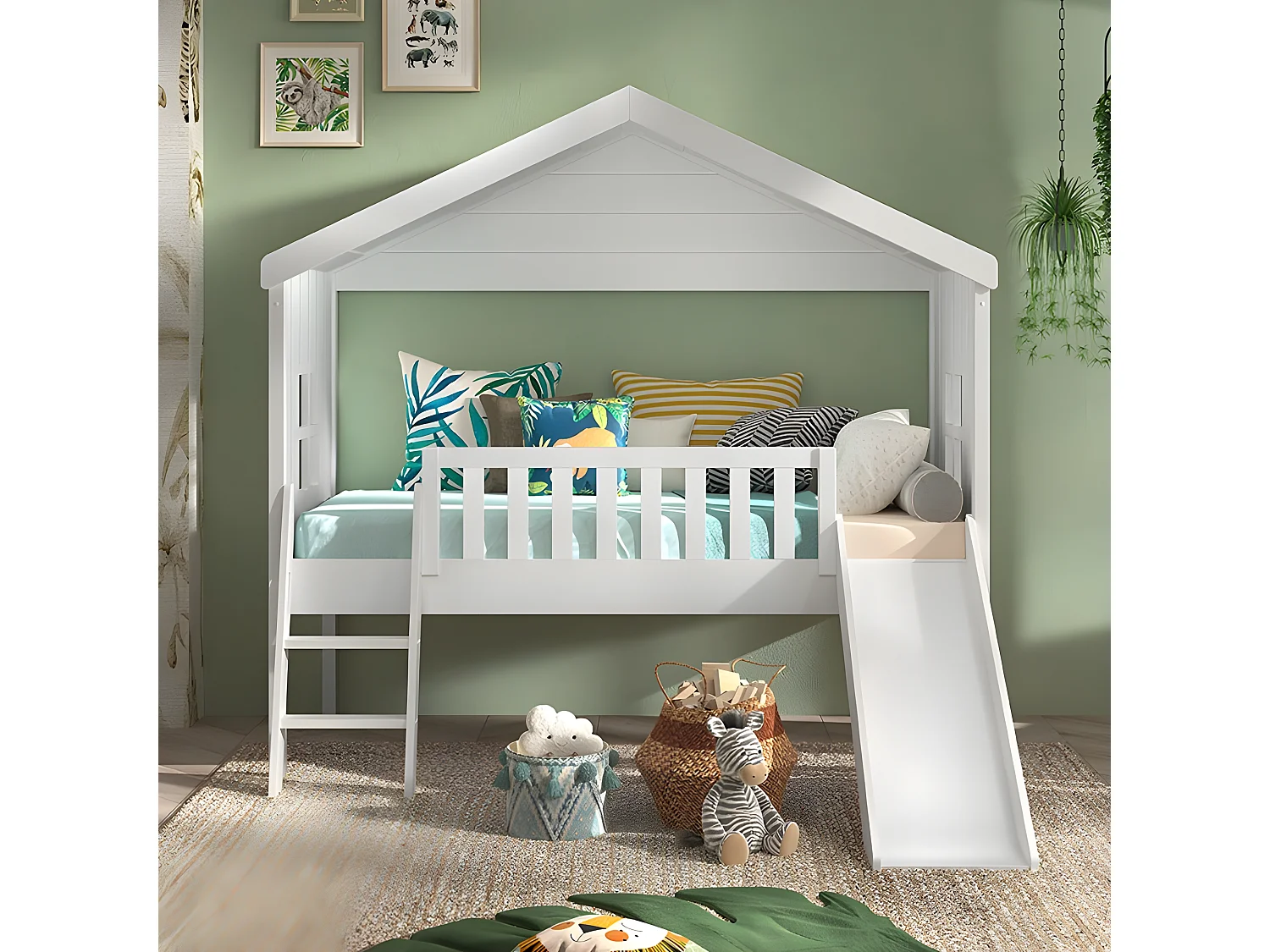 Lit Cabane & Toboggan Enfant "Housebed" 90x200cm Blanc