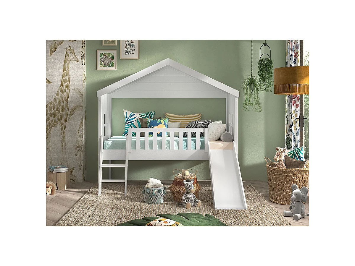 Lit Cabane & Toboggan Enfant "Housebed" 90x200cm Blanc