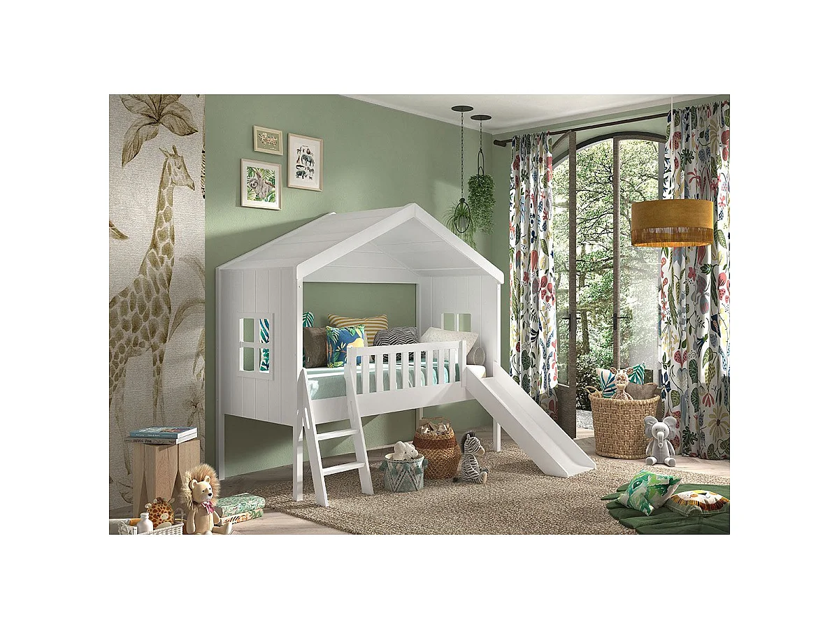 Lit Cabane & Toboggan Enfant "Housebed" 90x200cm Blanc
