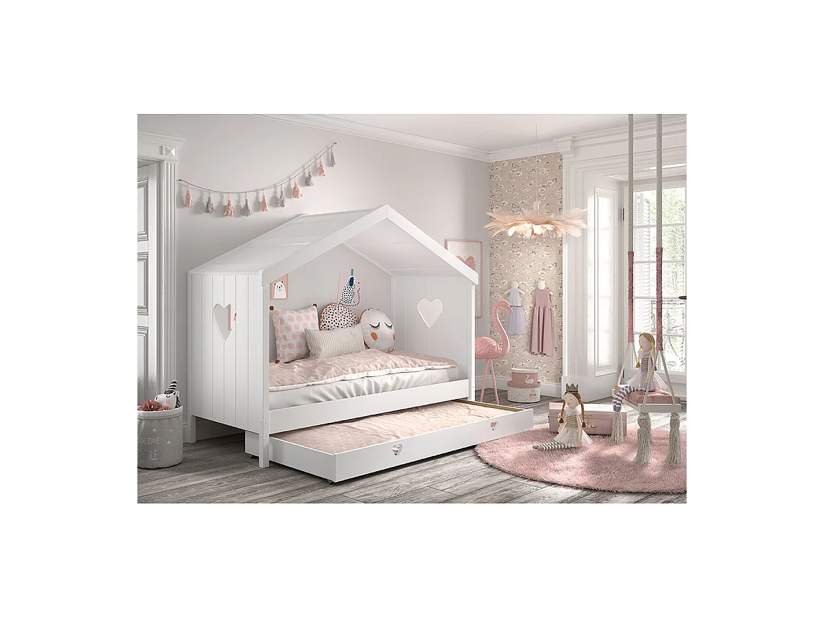 Lit cabane ouvert 90x200 sommier et tiroir inclus Amori Blanc