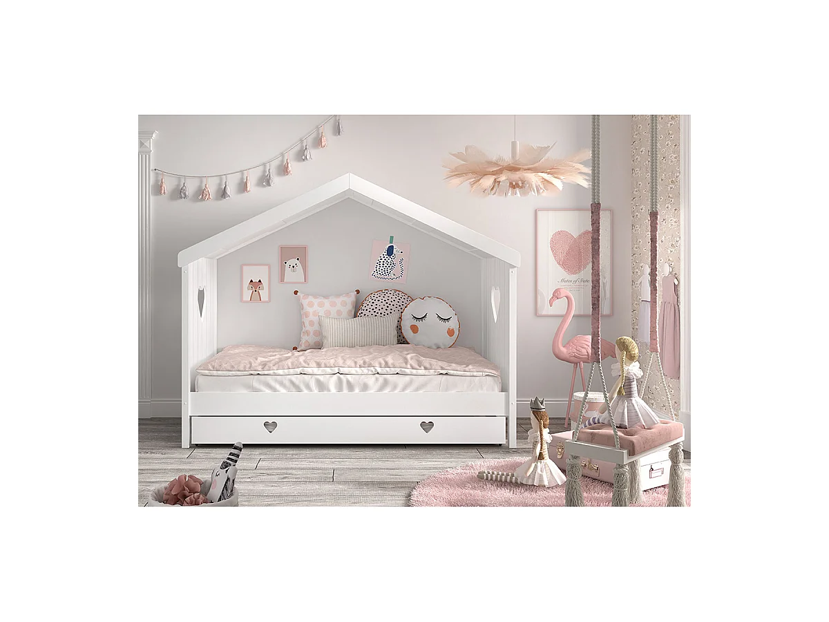 Lit cabane ouvert 90x200 sommier et tiroir inclus Amori Blanc