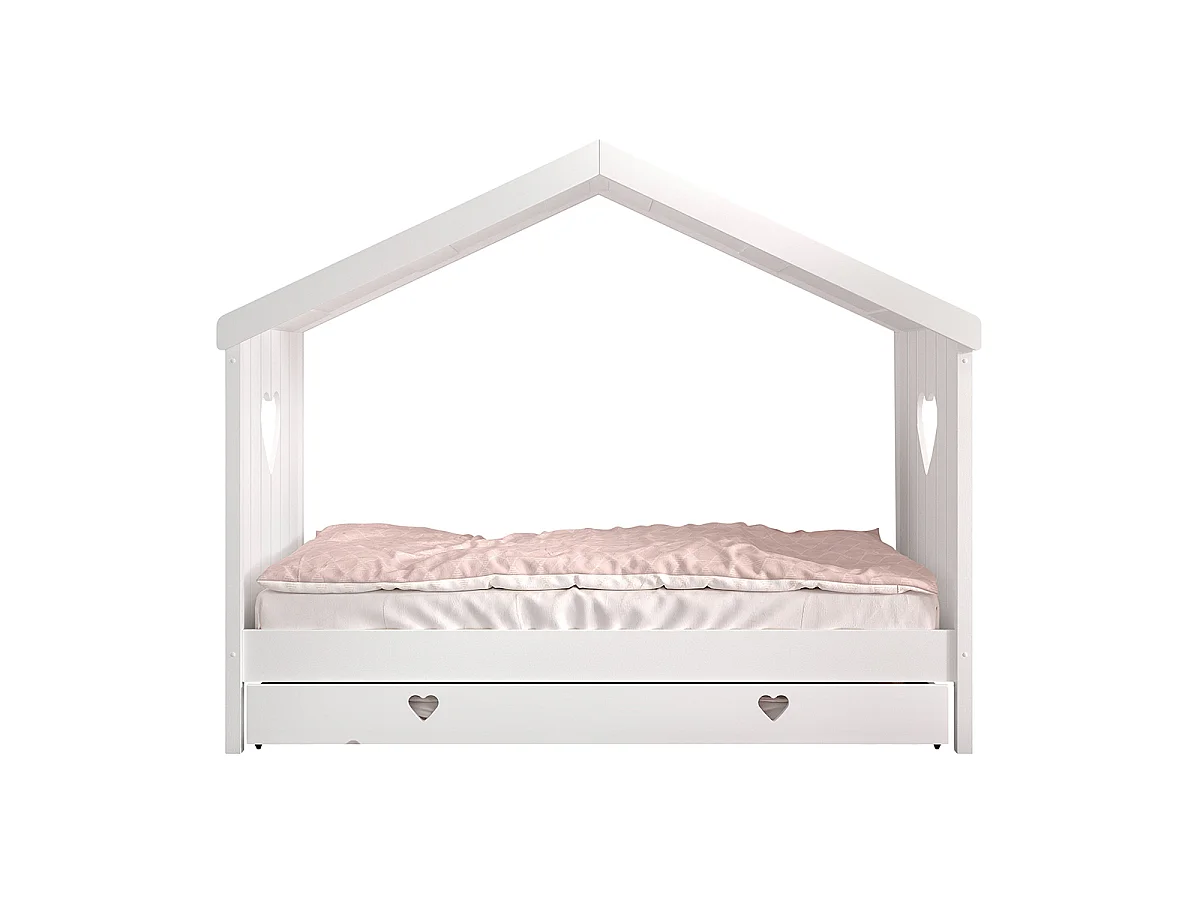 Lit cabane ouvert 90x200 sommier et tiroir inclus Amori Blanc