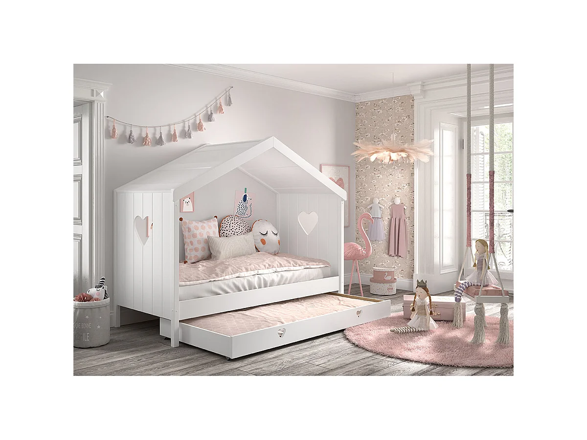 Lit cabane ouvert 90x200 sommier et tiroir inclus Amori Blanc