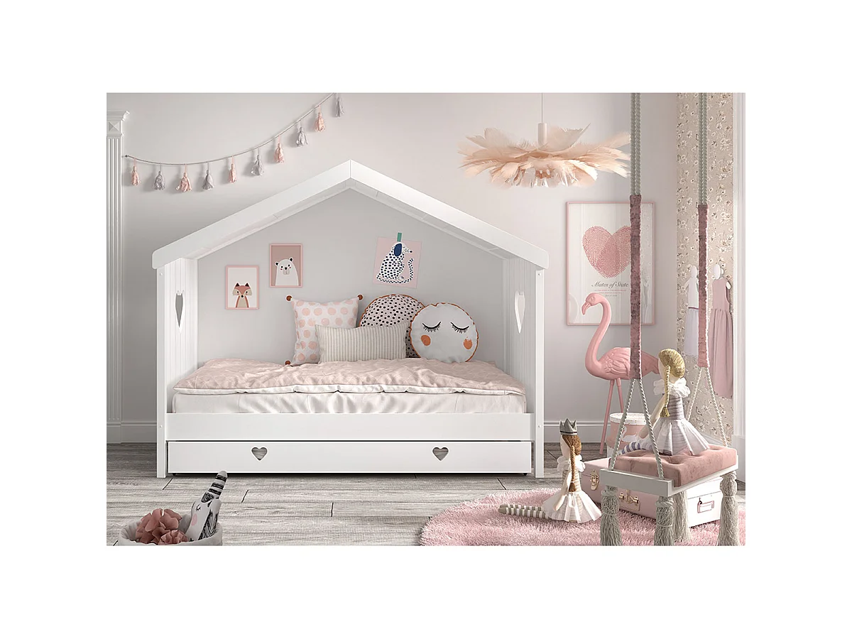 Lit cabane ouvert 90x200 sommier et tiroir inclus Amori Blanc