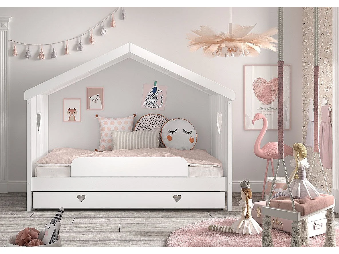 Lit cabane AMORI 90x200 – Blanc laqué-Verion avec tiroir lit/ommier