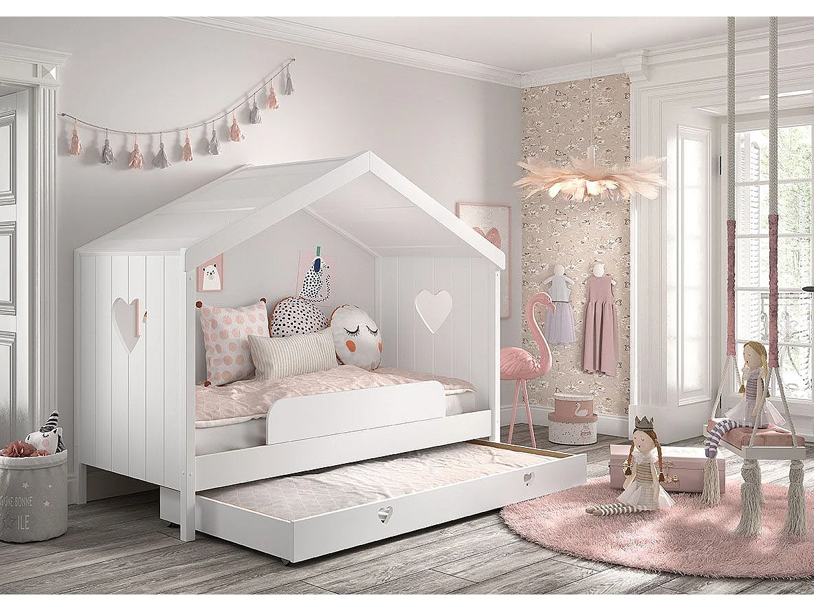 Lit cabane ouvert 90x200 sommier et tiroir inclus Amori Blanc