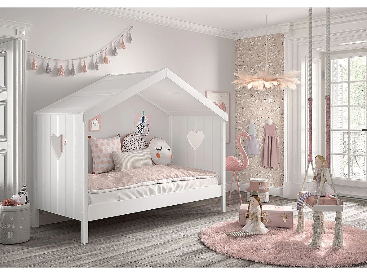 Lit cabane ouvert 90x200 sommier et tiroir inclus Amori Blanc