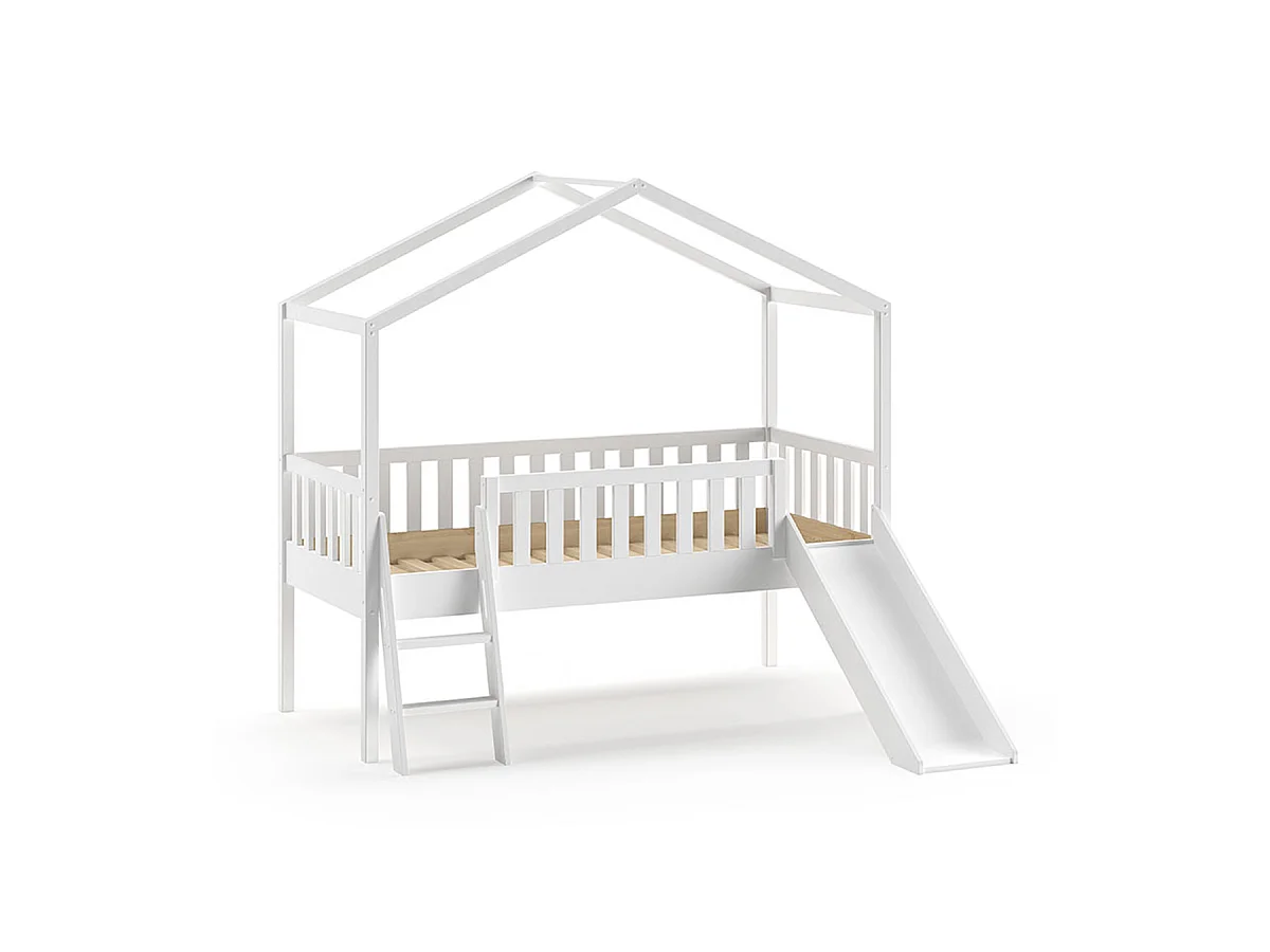 Lit Enfant Cabane, Échelle & Toboggan "Dallas" 90x200cm Blanc