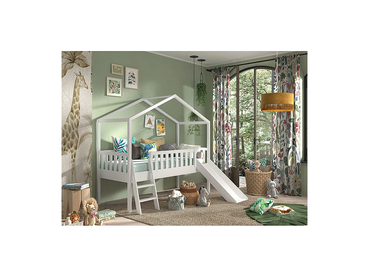 Lit Enfant Cabane, Échelle & Toboggan "Dallas" 90x200cm Blanc