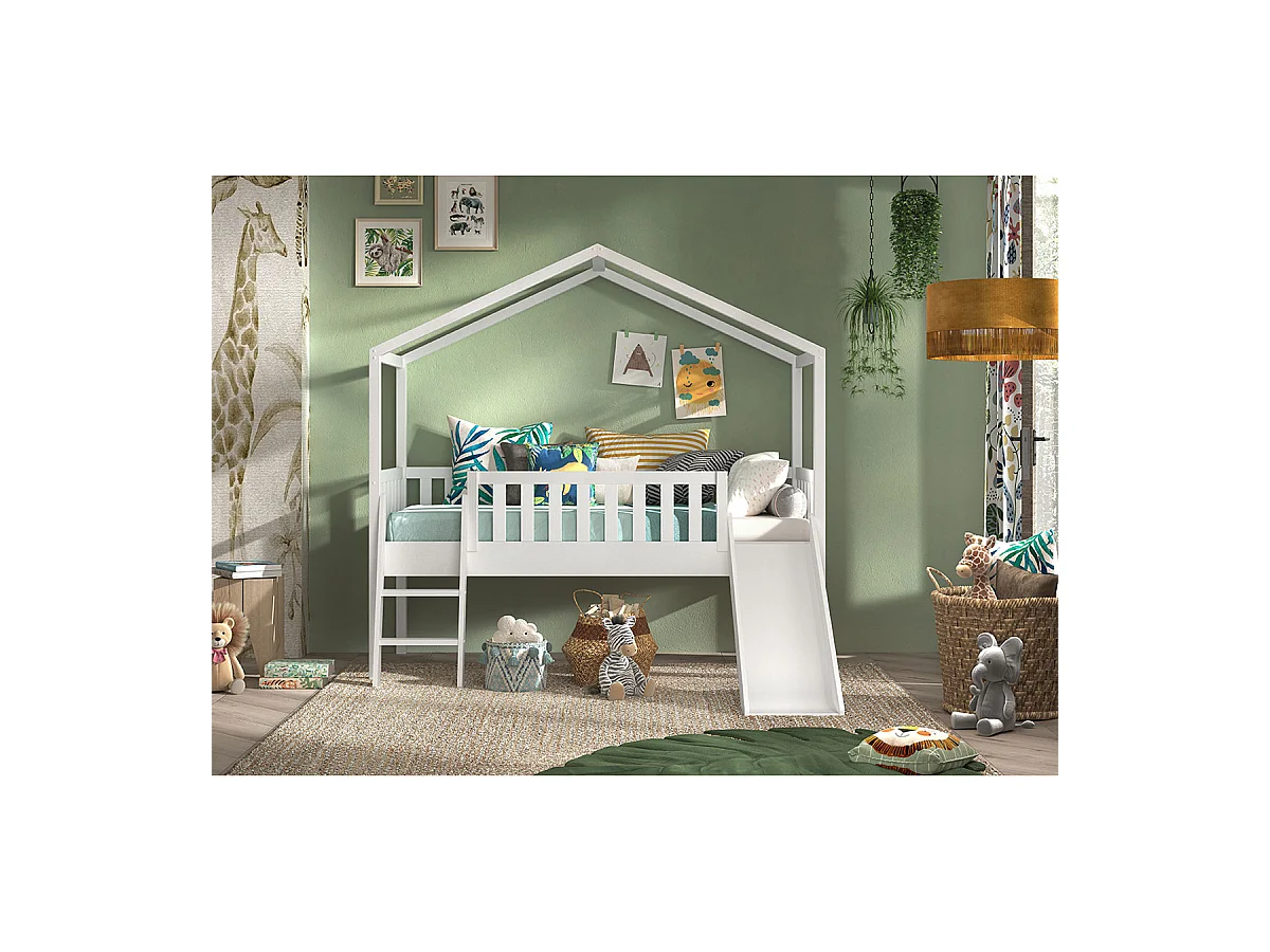 Lit Enfant Cabane, Échelle & Toboggan "Dallas" 90x200cm Blanc