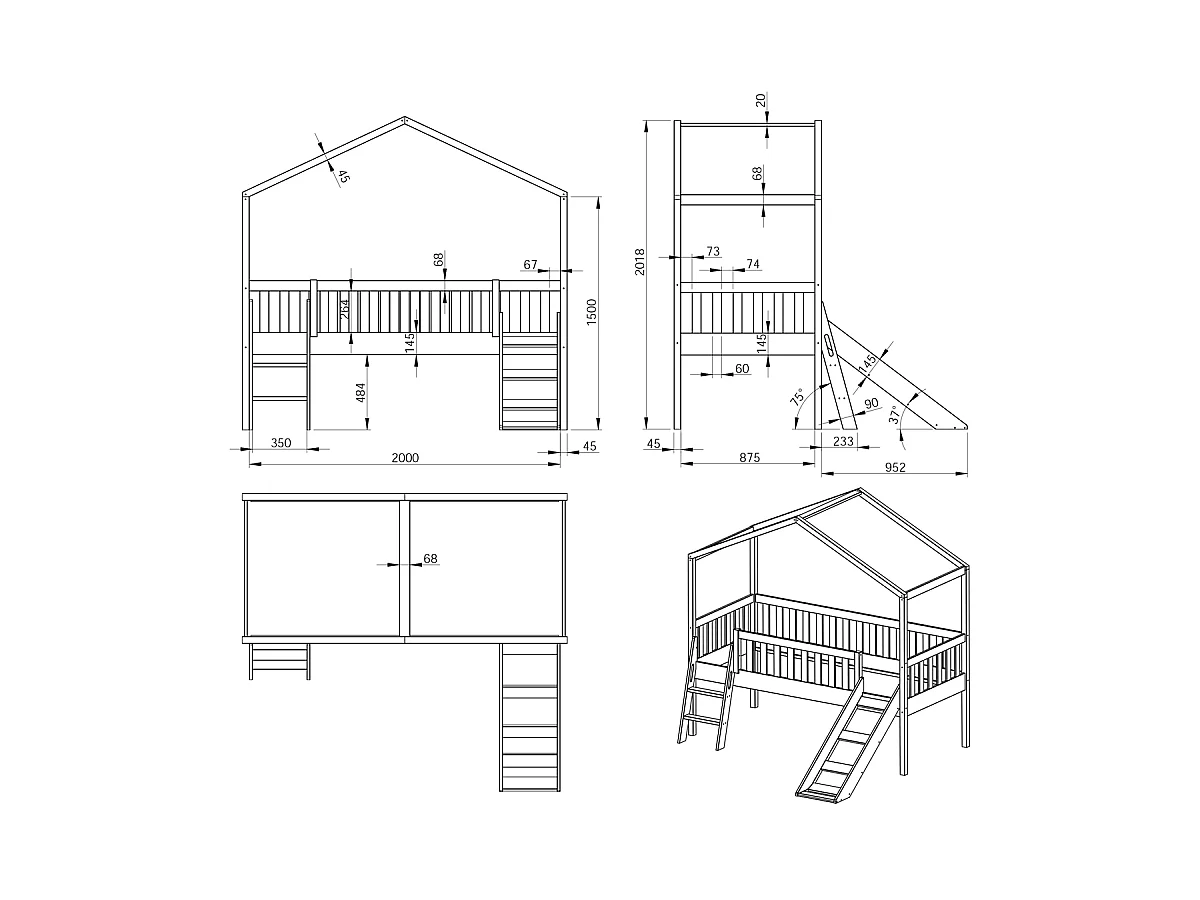 Lit Enfant Cabane, Échelle & Toboggan "Dallas" 90x200cm Blanc