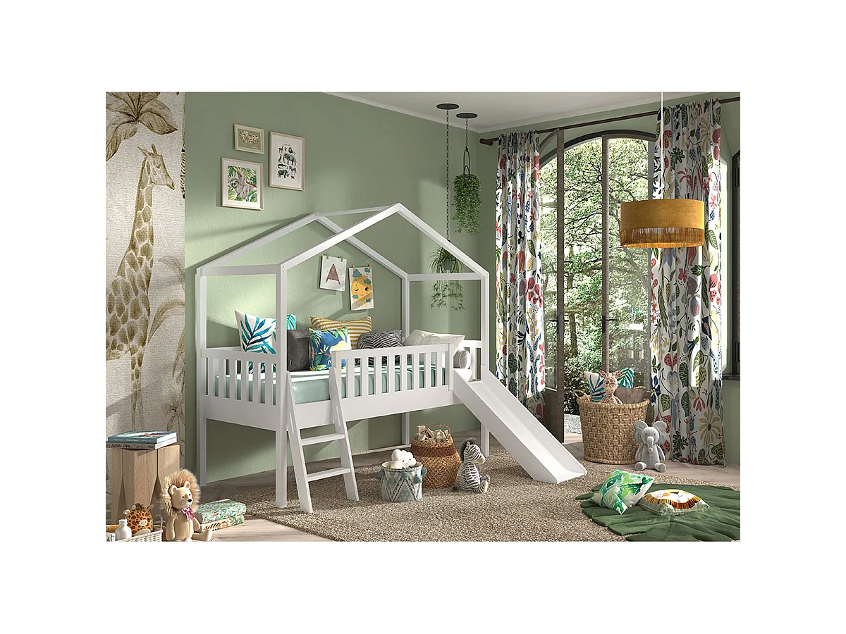 Lit Enfant Cabane, Échelle & Toboggan "Dallas" 90x200cm Blanc