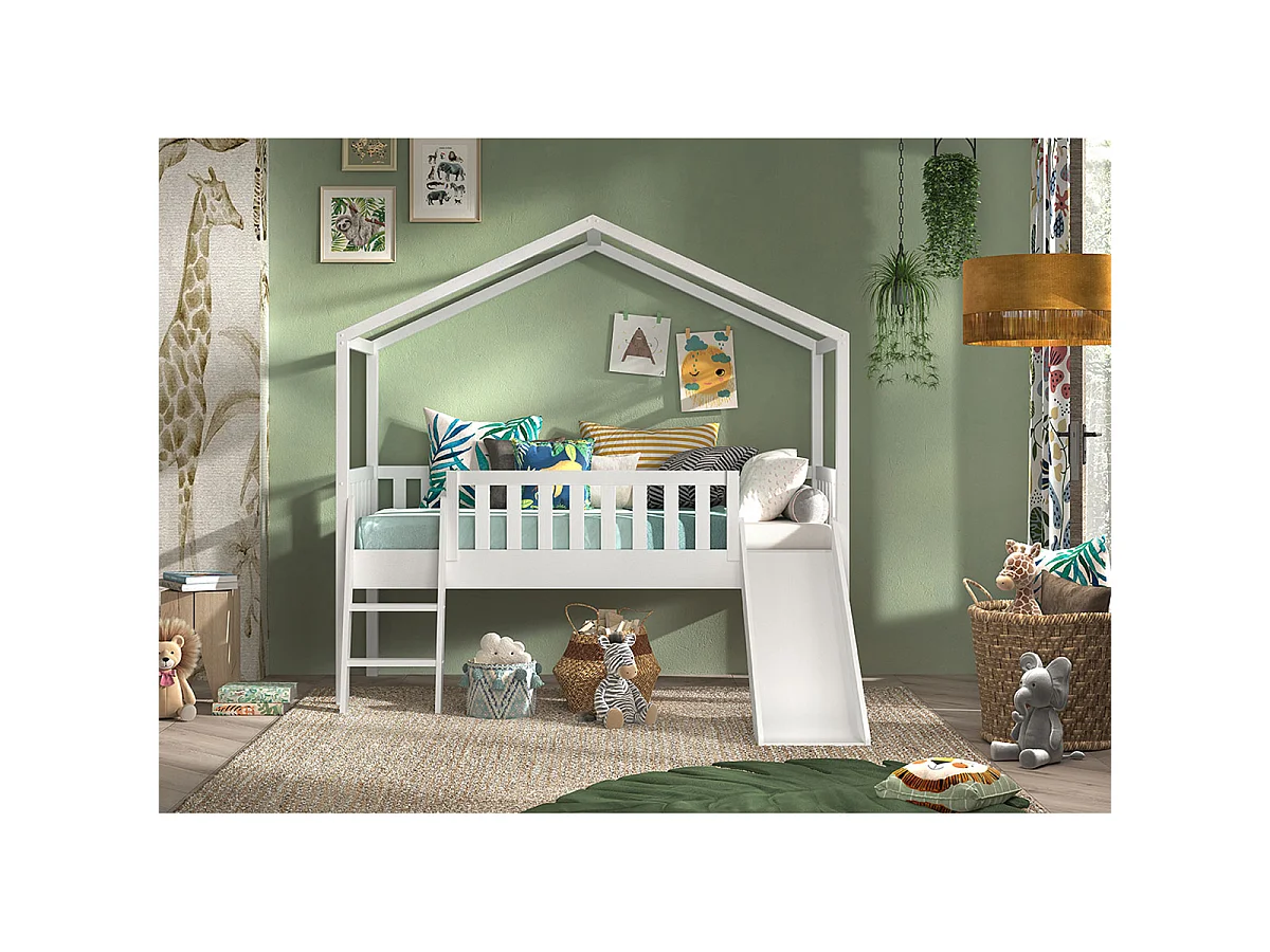 Lit Enfant Cabane, Échelle & Toboggan "Dallas" 90x200cm Blanc