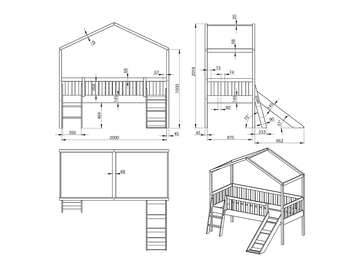 Lit Enfant Cabane, Échelle & Toboggan "Dallas" 90x200cm Blanc
