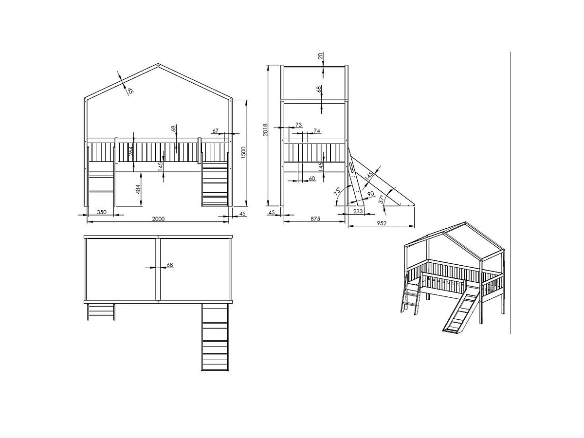 Lit Enfant Cabane, Échelle & Toboggan "Dallas" 90x200cm Blanc
