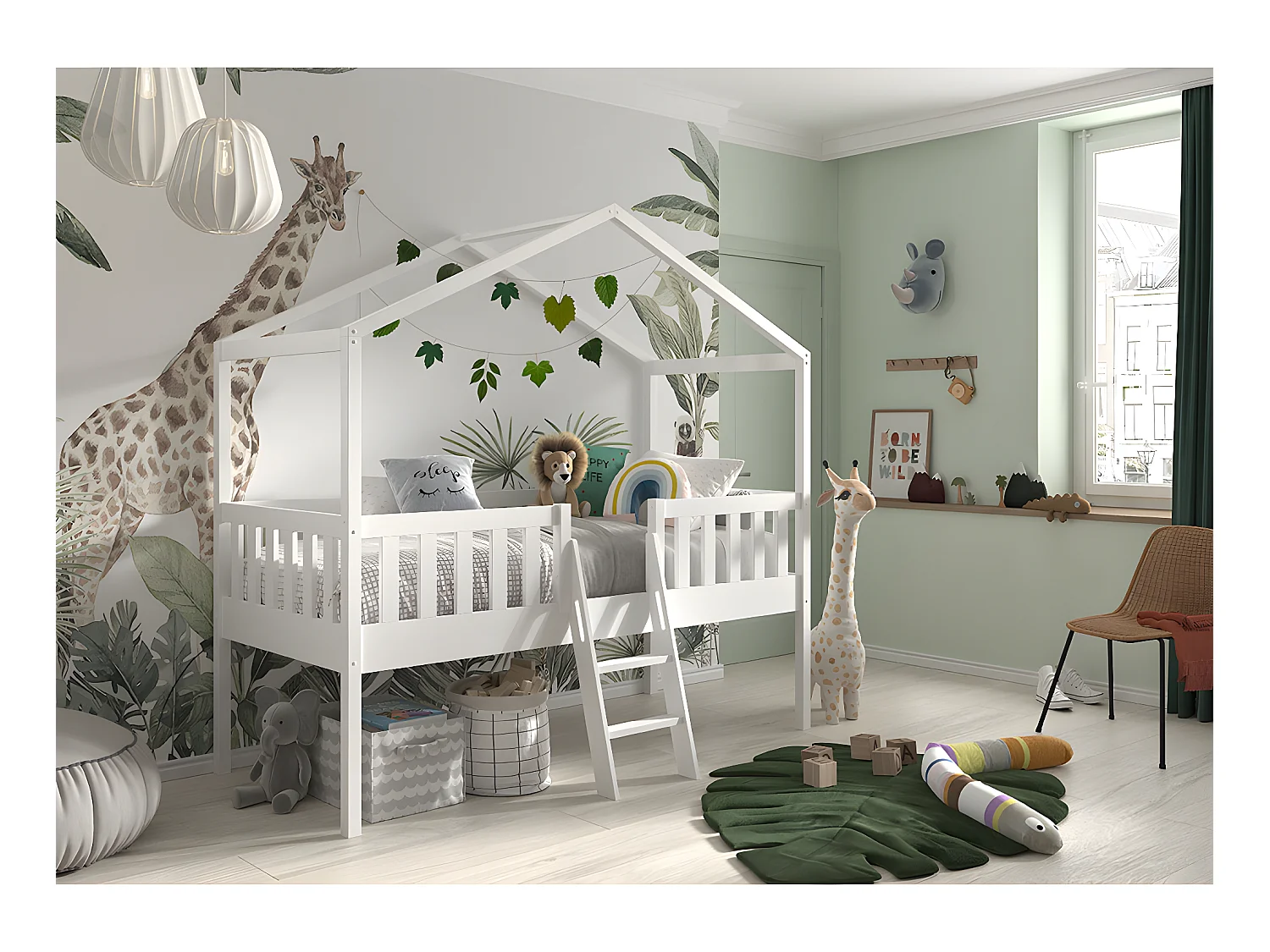 Lit Enfant Cabane & Échelle "Dallas" 90x200cm Blanc