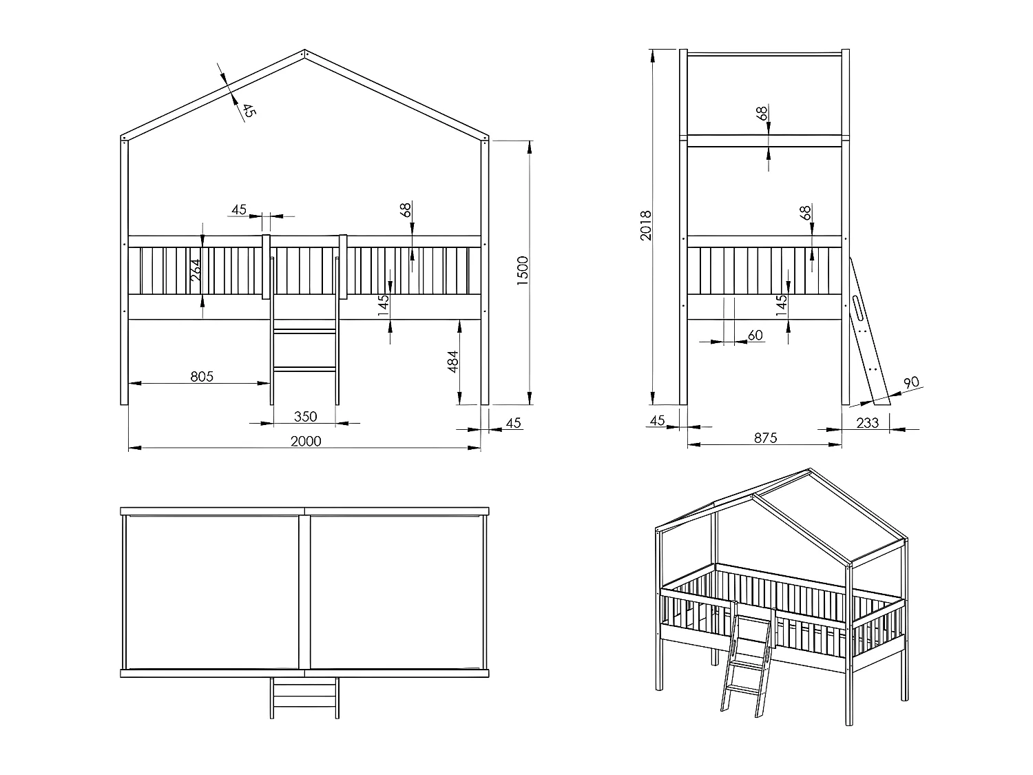 Lit Enfant Cabane & Échelle "Dallas" 90x200cm Blanc
