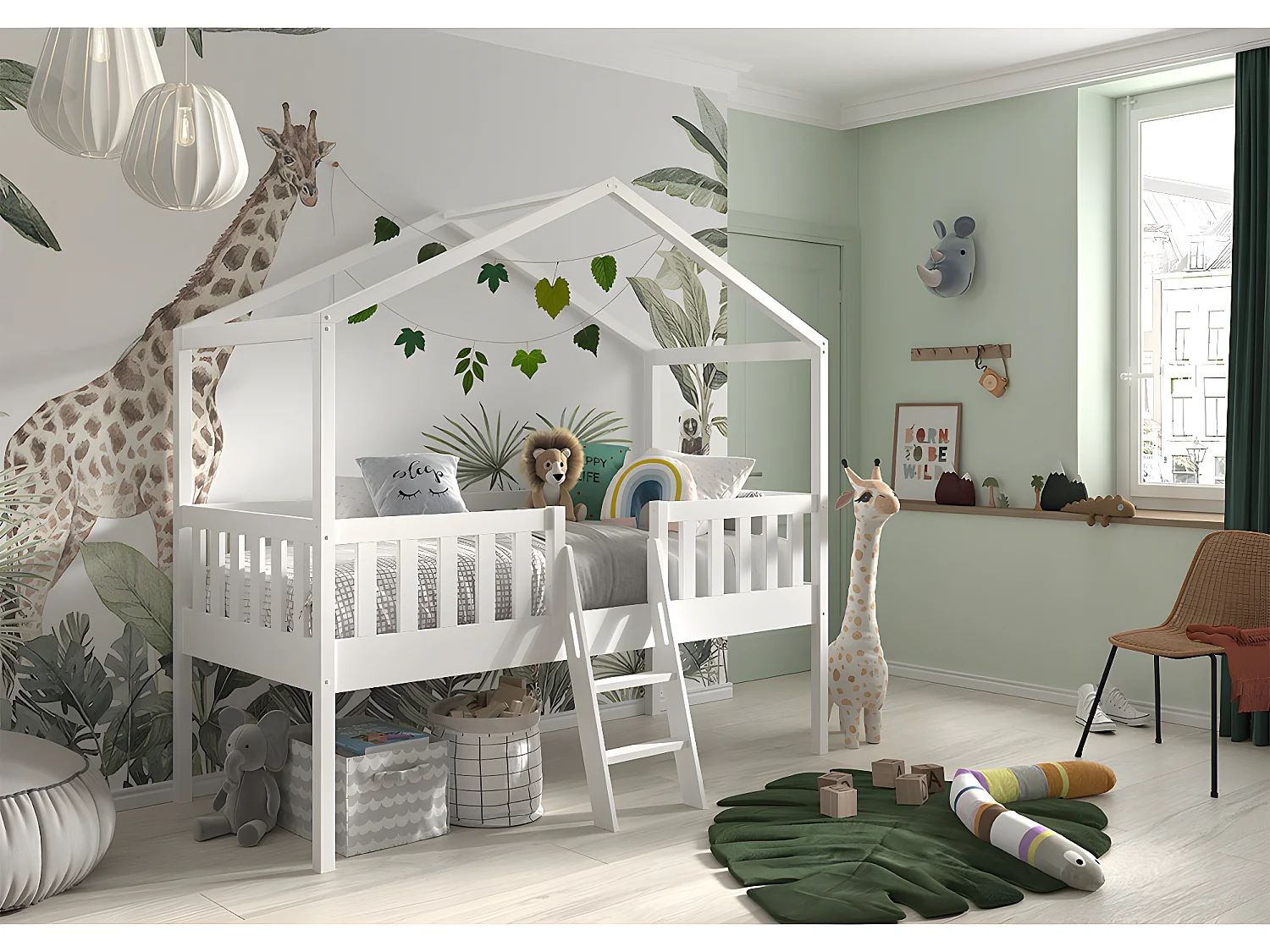 Lit Enfant Cabane & Échelle "Dallas" 90x200cm Blanc