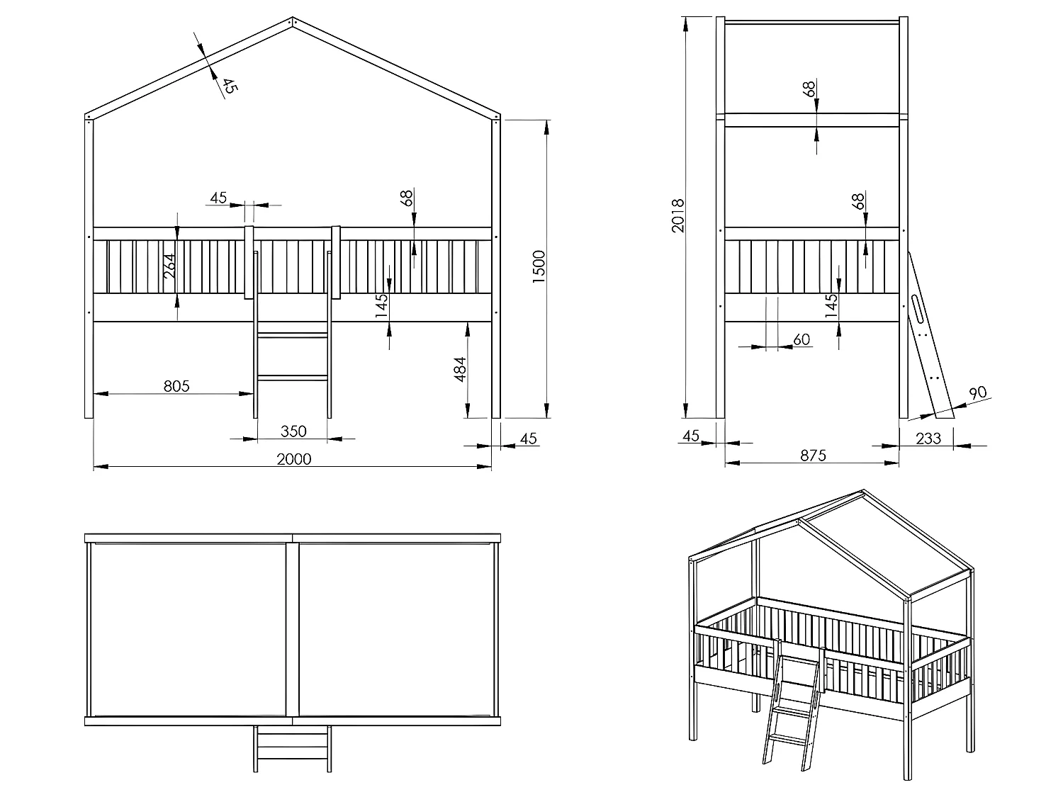 Lit Enfant Cabane & Échelle "Dallas" 90x200cm Blanc