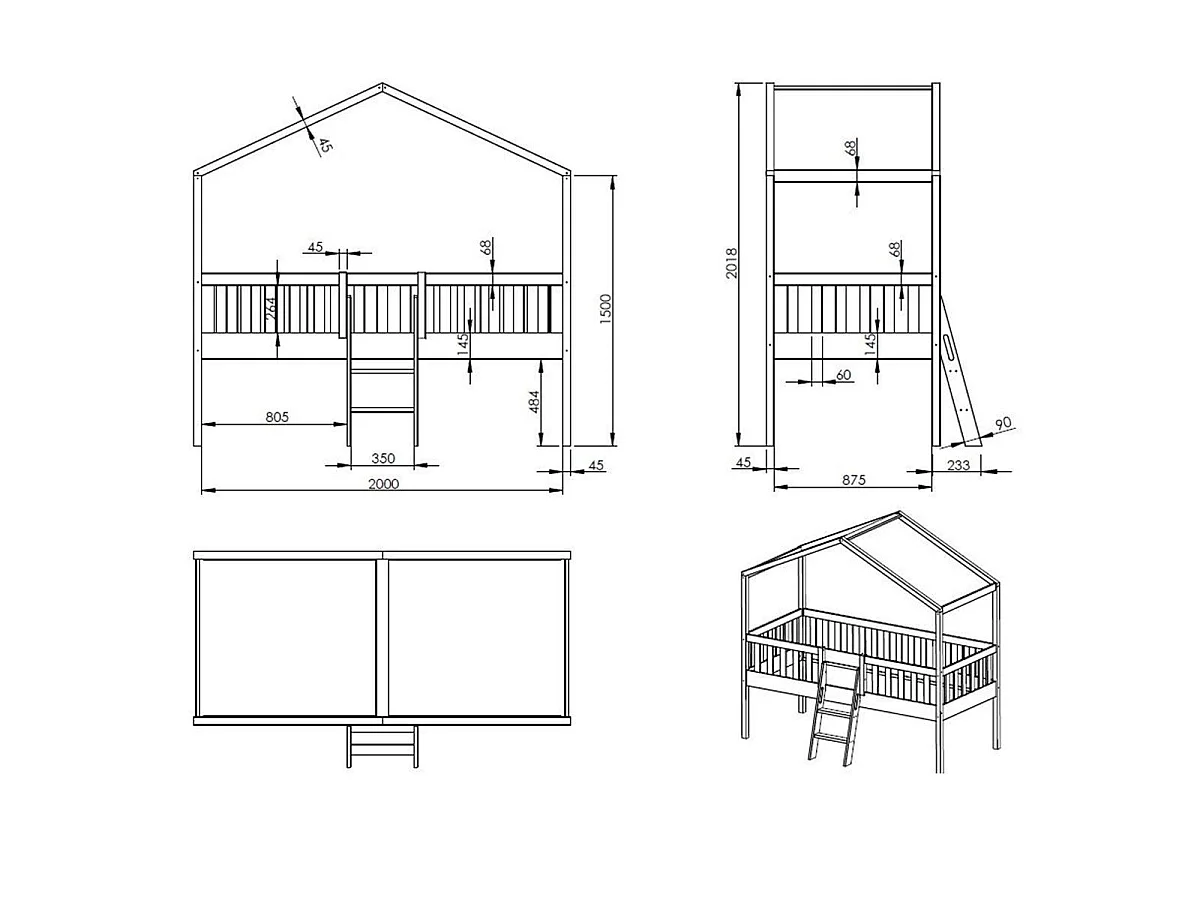 Lit Enfant Cabane & Échelle "Dallas" 90x200cm Blanc