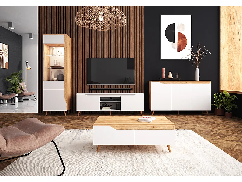 Meuble TV Tree 157 cm chêne craft doré / blanc mat