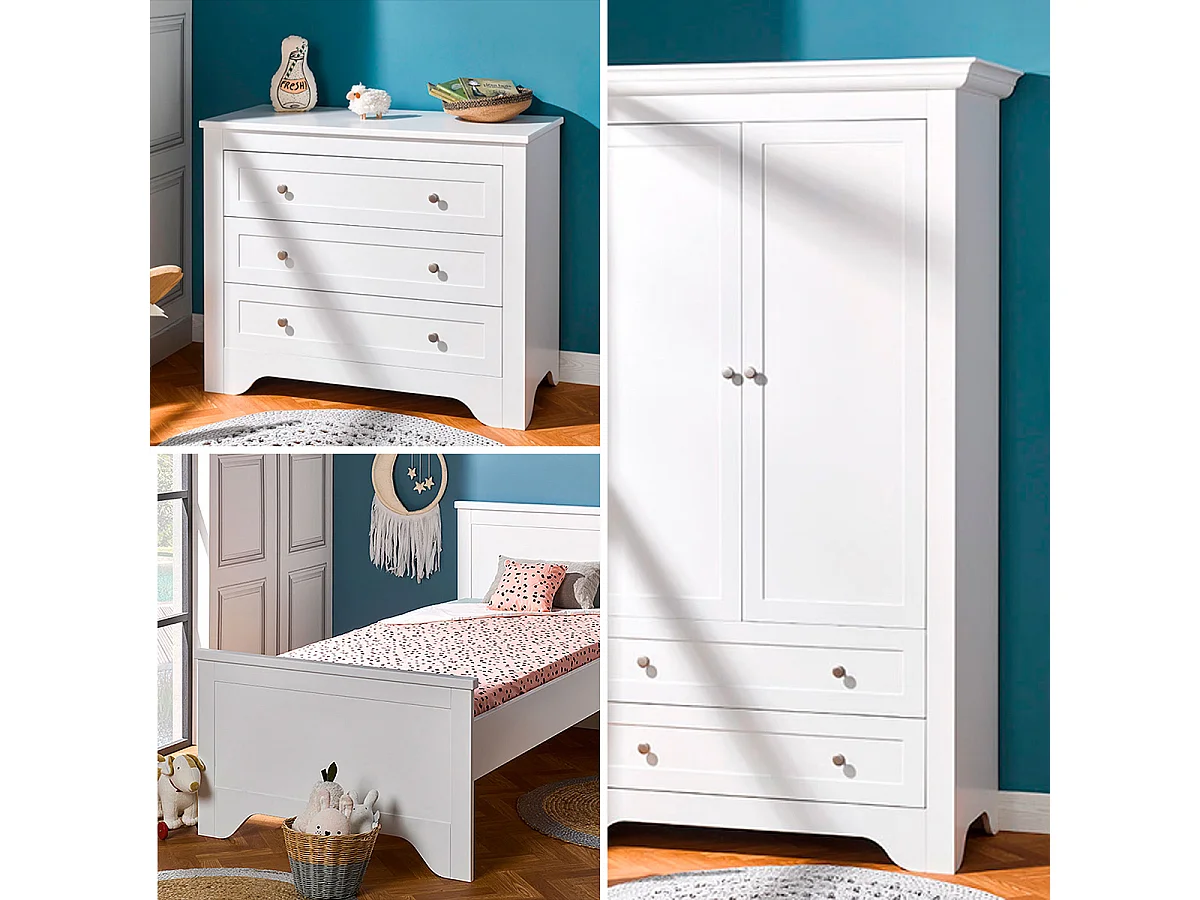 Chambre complète lit 90x190 - commode - armoire Occitane Blanc