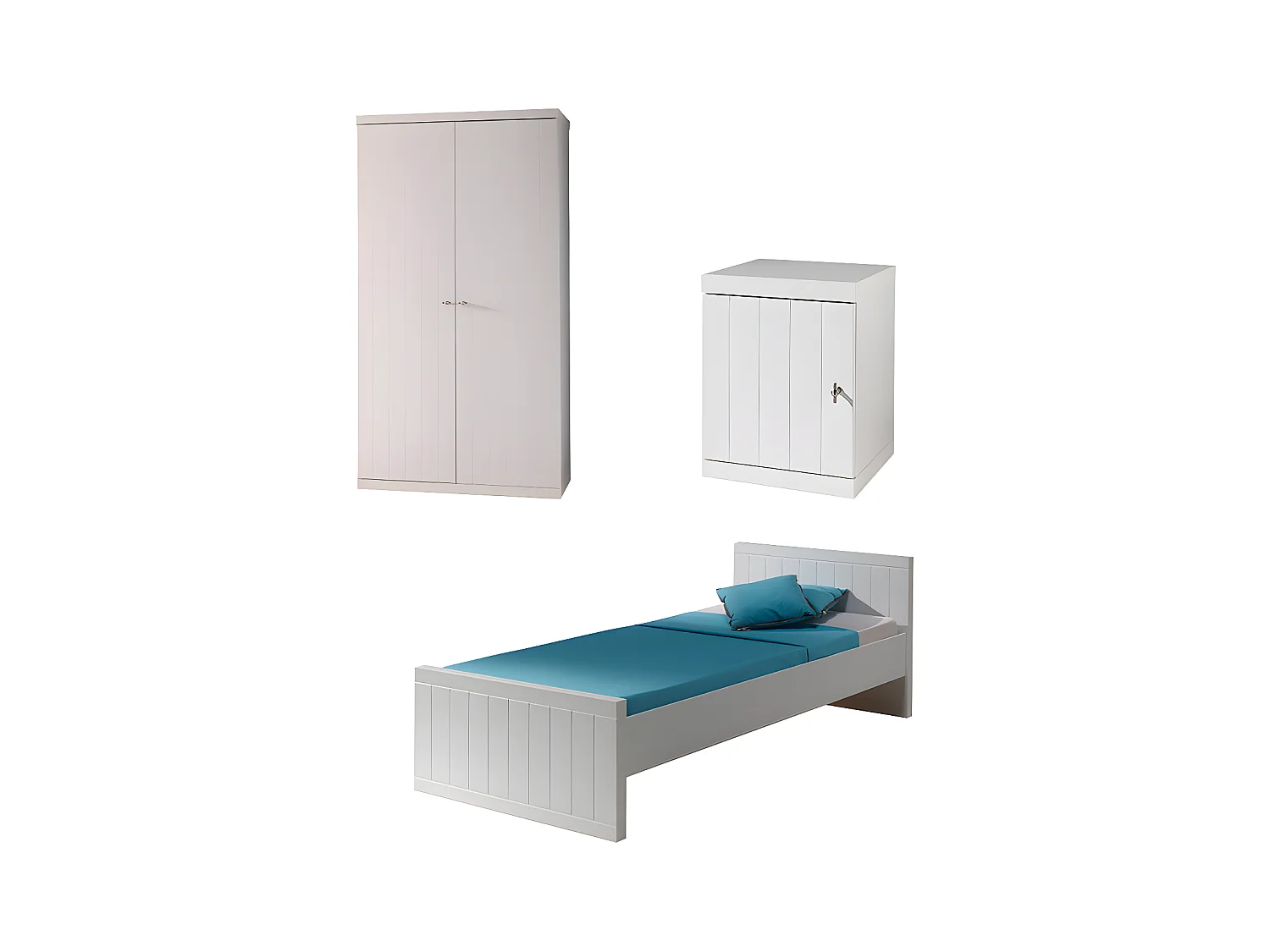 Pack - Lit Enfant, Sommier, Chevet & Armoire "Robin" 90x200cm Blanc