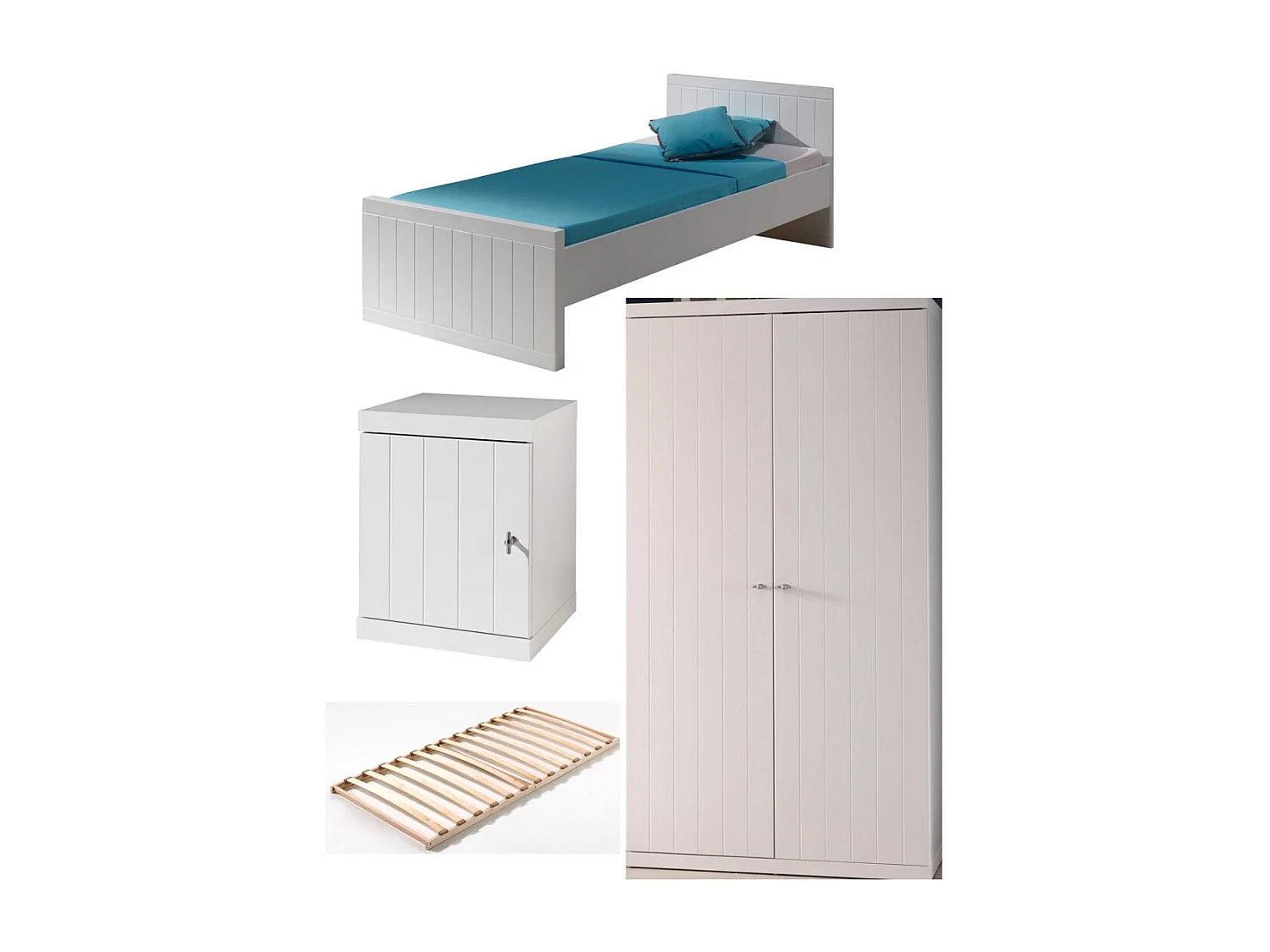 Pack - Lit Enfant, Sommier, Chevet & Armoire "Robin" 90x200cm Blanc