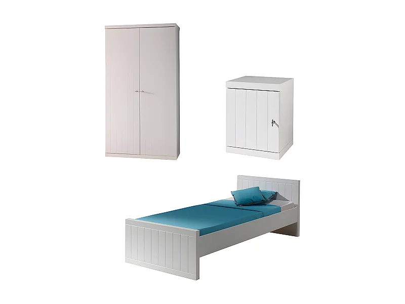 Pack - Lit Enfant, Sommier, Chevet & Armoire "Robin" 90x200cm Blanc