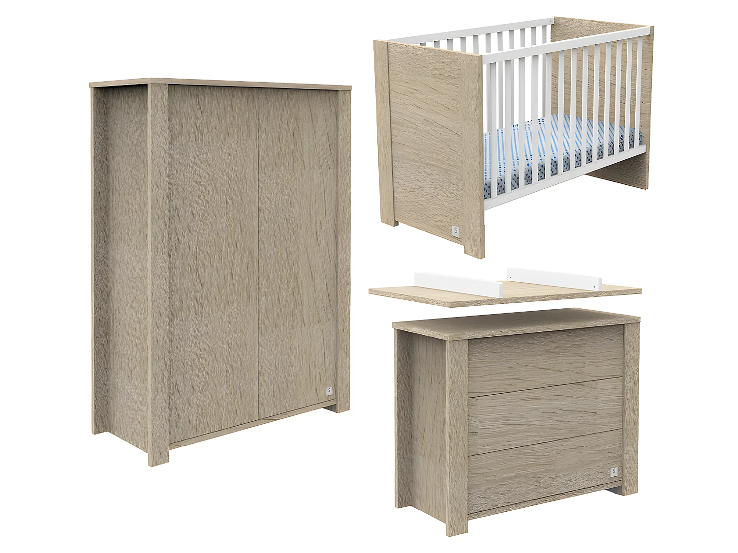 Chambre complète lit bébé commode à langer et armoire Antonin Bois