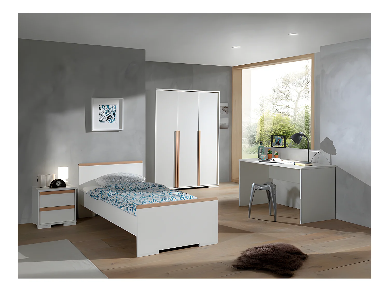 Pack - Lit Enfant, Chevet, Armoire, Bureau "London" Blanc
