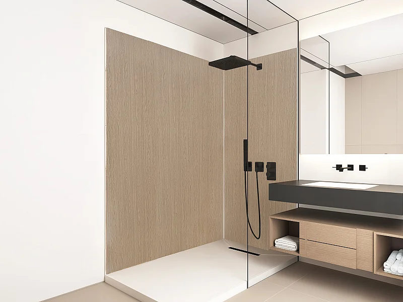 Lot de 2 panneaux muraux de douche effet bois en aluminium avec profilés - L90 x L120 x H210 cm - ENEKO