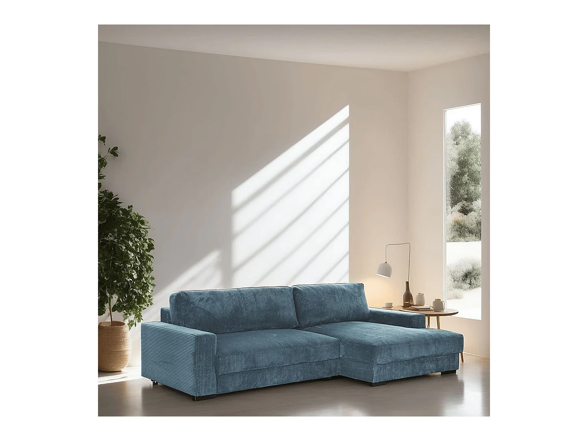 Canapé d'angle à droite convertible 3 places avec coffre en velours côtelé bleu gris - Arty