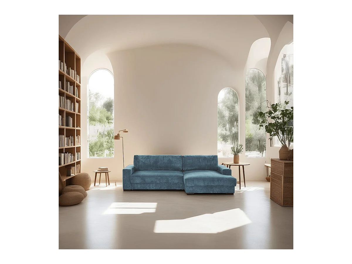 Canapé d'angle à droite convertible 3 places avec coffre en velours côtelé bleu gris - Arty