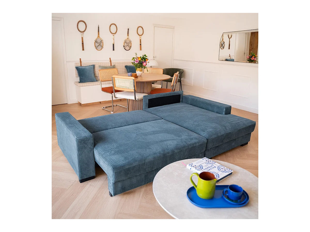 Canapé d'angle à droite convertible 3 places avec coffre en velours côtelé bleu gris - Arty