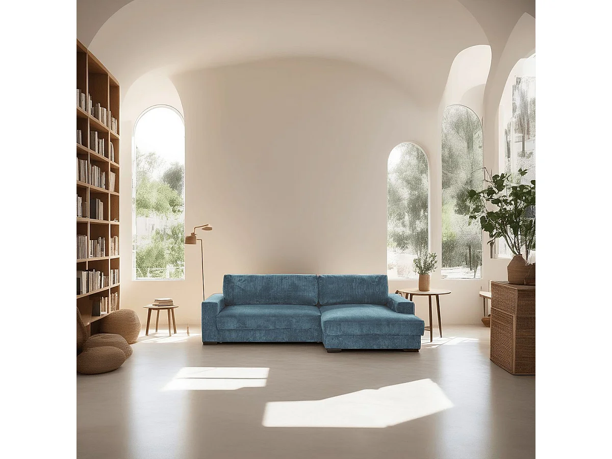 Canapé d'angle à droite convertible 3 places avec coffre en velours côtelé bleu gris - Arty