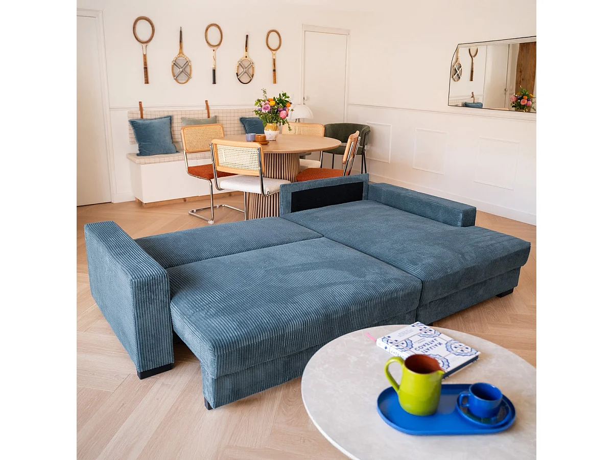 Canapé d'angle à droite convertible 3 places avec coffre en velours côtelé bleu gris - Arty