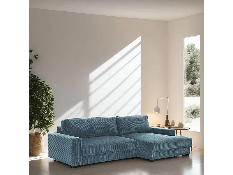 Canapé d'angle à droite convertible 3 places avec coffre en velours côtelé bleu gris - Arty