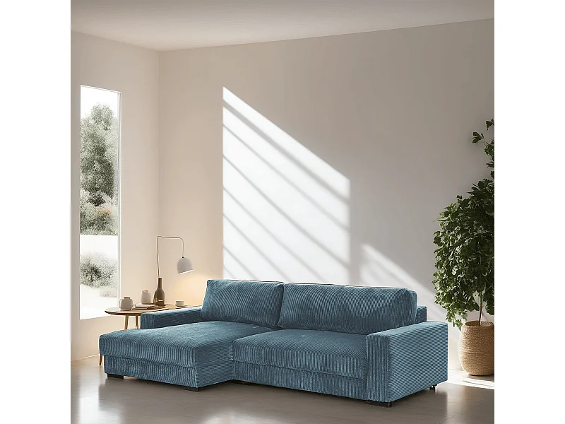 Canapé d'angle à gauche convertible 3 places avec coffre en velours côtelé bleu gris - Arty