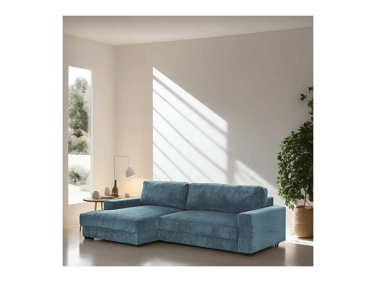Canapé d'angle à gauche convertible 3 places avec coffre en velours côtelé bleu gris - Arty