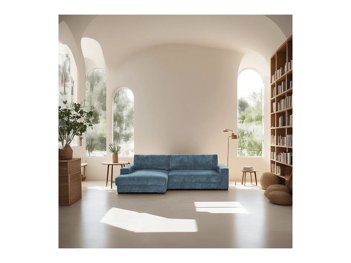 Canapé d'angle à gauche convertible 3 places avec coffre en velours côtelé bleu gris - Arty